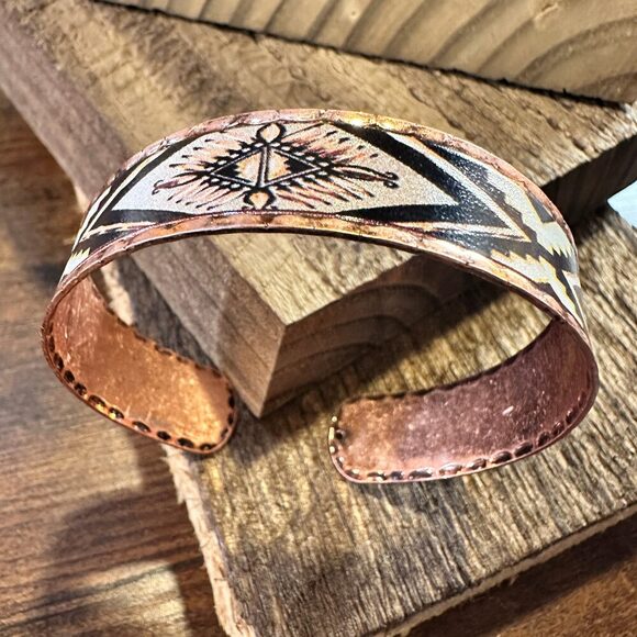 Handmade Boho Native American Navajo Copper Narrow Cuff Bracelet, Navy Yellow, - Picture 8 of 11